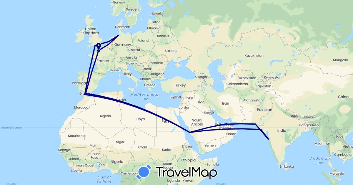 TravelMap itinerary: driving in United Arab Emirates, Belgium, Germany, Spain, France, United Kingdom, India, Morocco, Netherlands, Pakistan, Saudi Arabia (Africa, Asia, Europe)